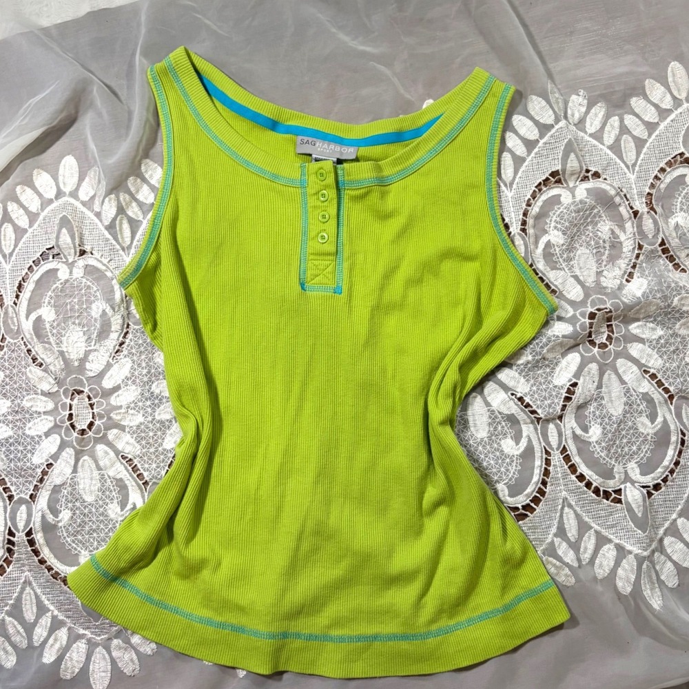 Y2K Workout Sport Lime Green Henley Ribbed Tank Top XL Turquoise Trim